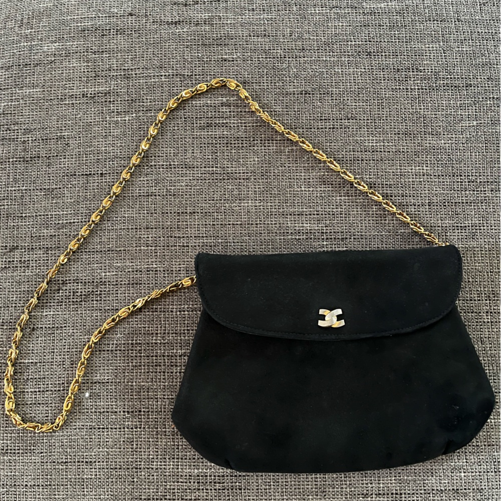 Vintage Women's Designer MORRIS MOSKOWITZ Black Bag Purse with Gold Chain - Picture 1 of 5